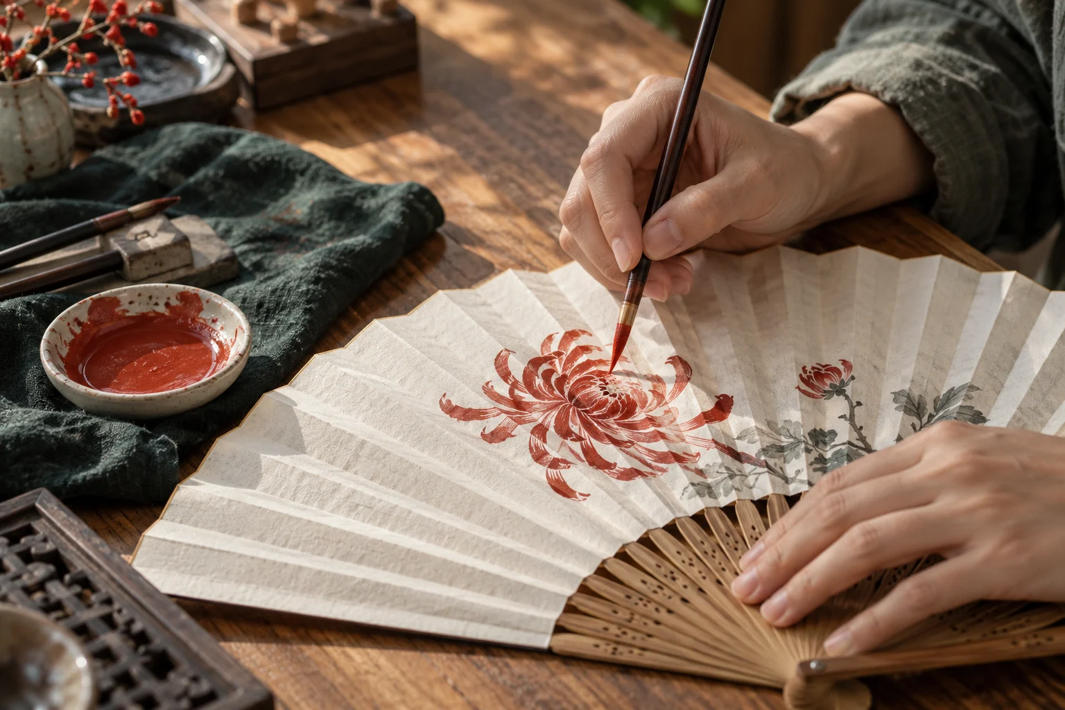 手作氛围演绎：一双手用毛笔在白色纸扇上描绘菊花