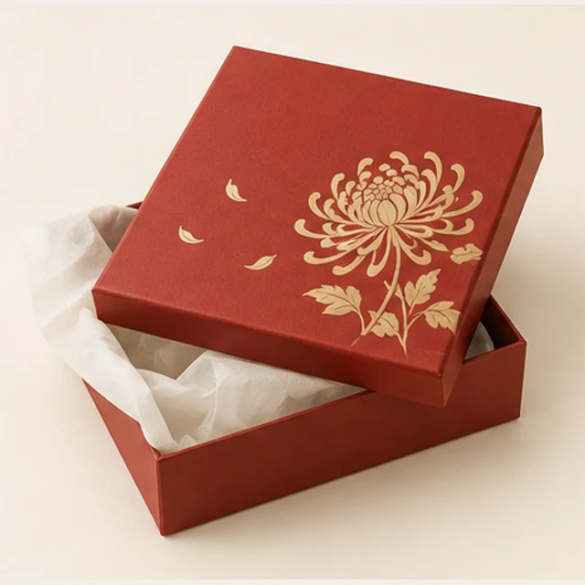 朱砂红菊花图样城市礼盒的原创包装概念
